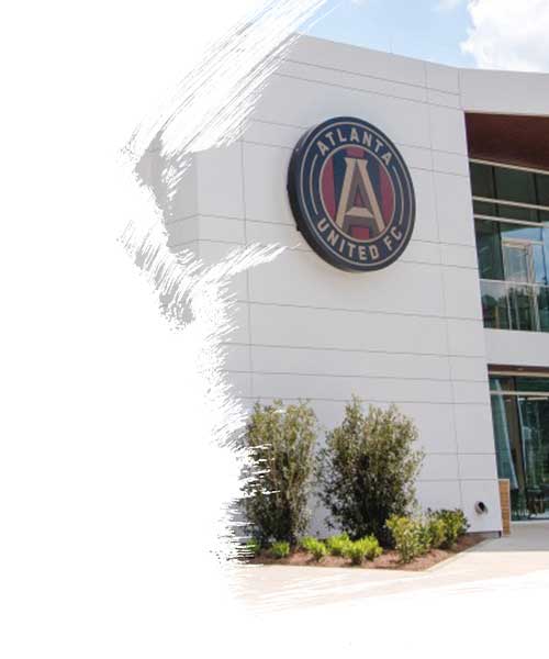 outer view of atlanta united fc building - logo is placed at outer wall